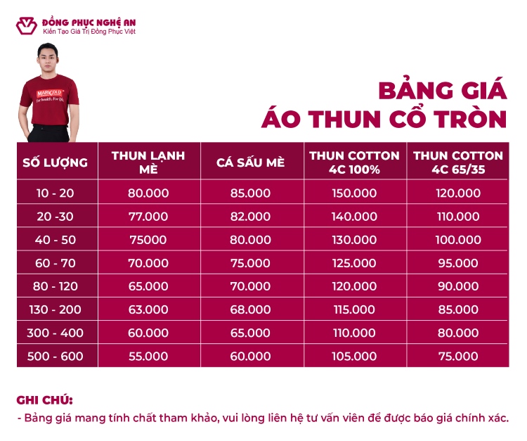 bảng giá áo thun cổ tròn đồng phục