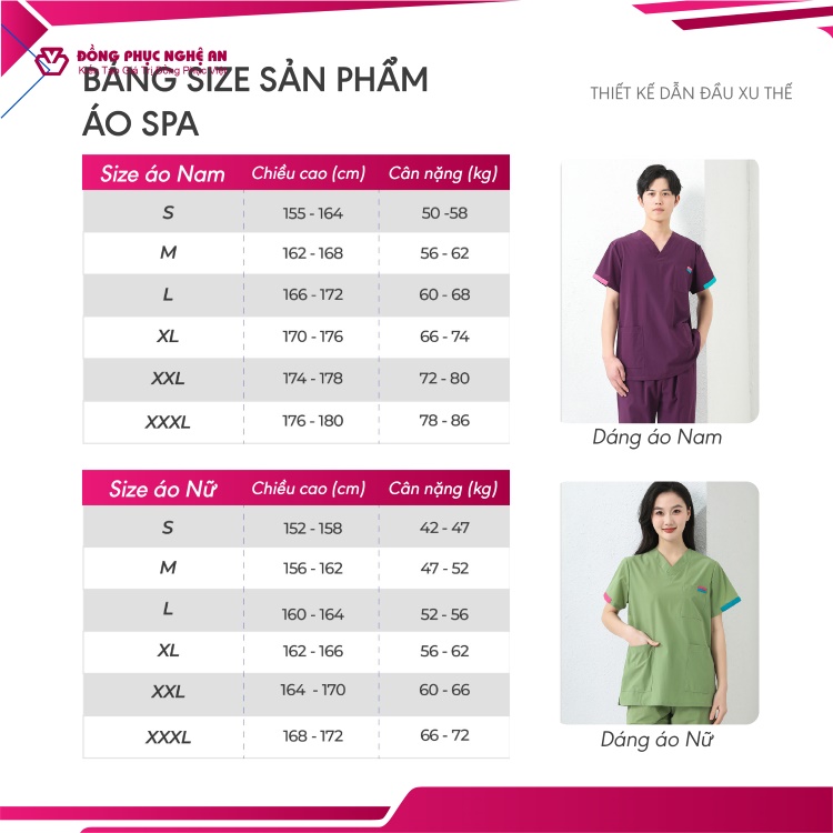 bảng size áo đồng phục spa
