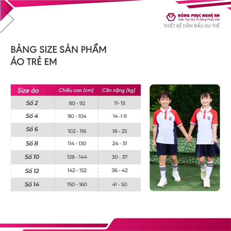 bảng size áo đồng phục trẻ em