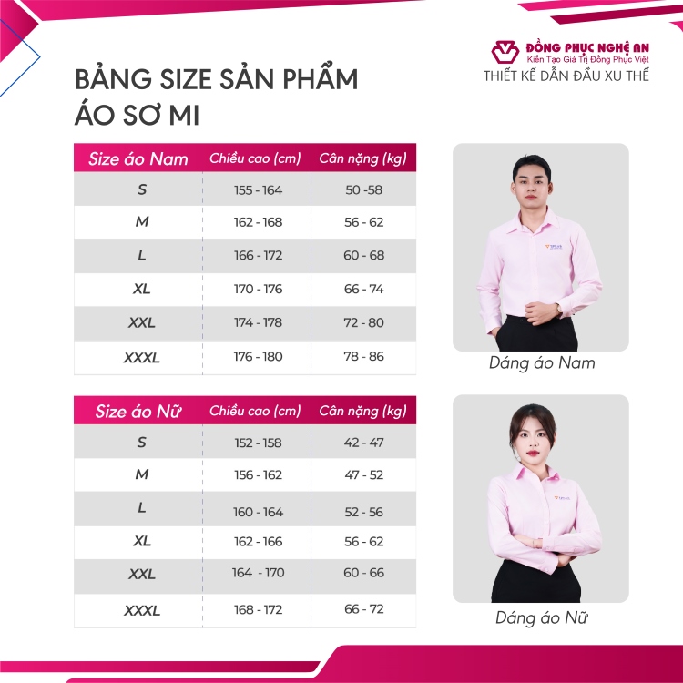 bảng size áo sơ mi đồng phục nam nữ