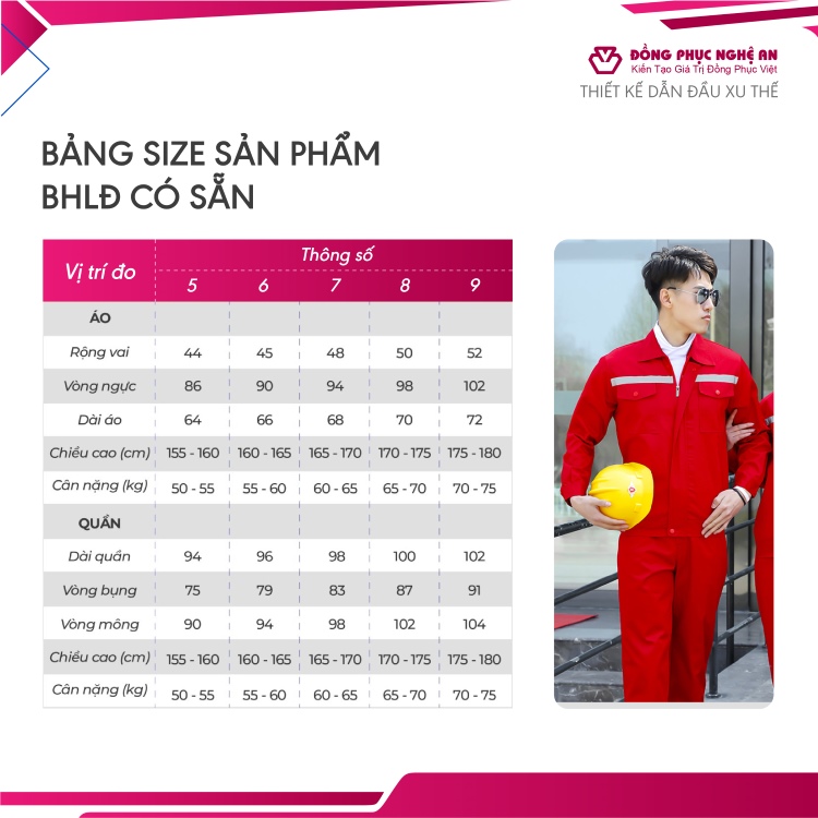 bảng size đồng phục bảo hộ lao động